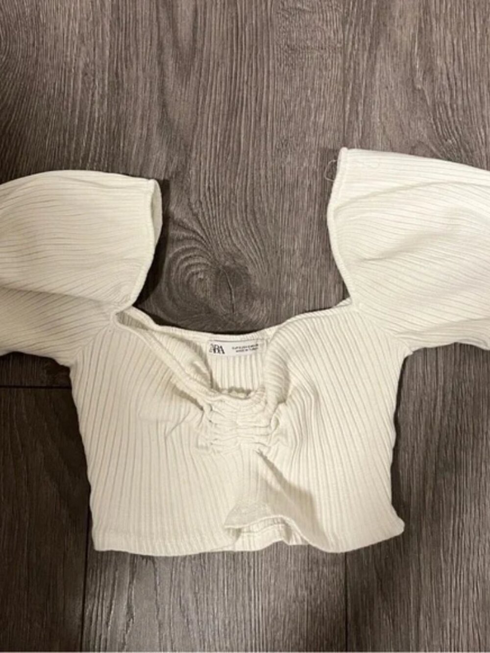 Zara Crop Top Womens Small White Ruched Puff Sleeve V-Neck Cotton Blend Ladies